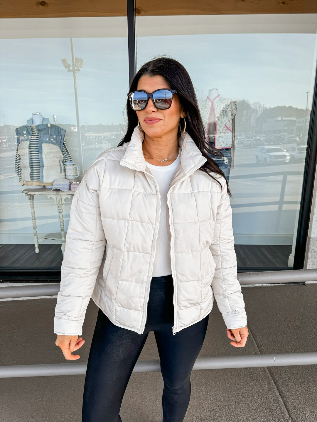 beige lightweight quilted puffer jacket