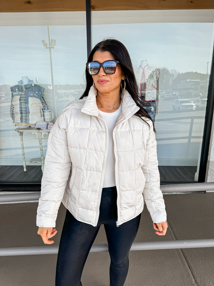 beige lightweight quilted puffer jacket