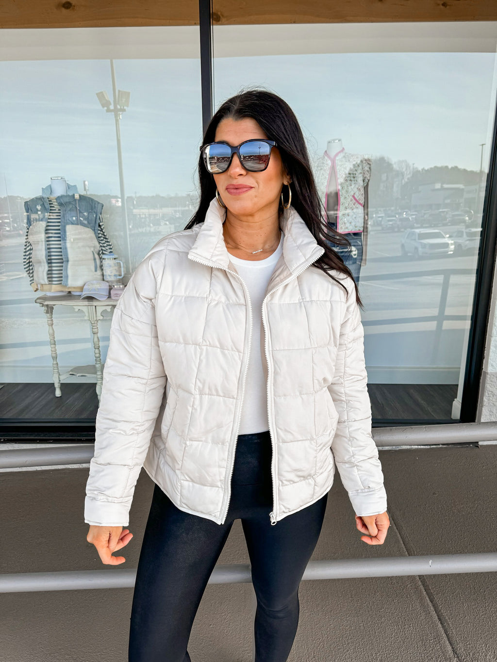 beige lightweight quilted puffer jacket