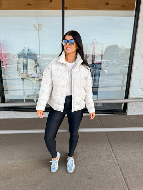 beige lightweight quilted puffer jacket