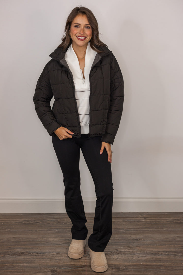 women's black quilted puffer jacket