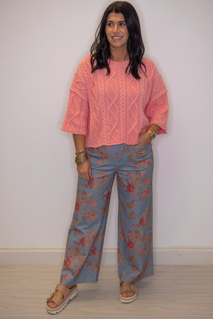 Women's blue twill floral print wide leg pants by Entro 