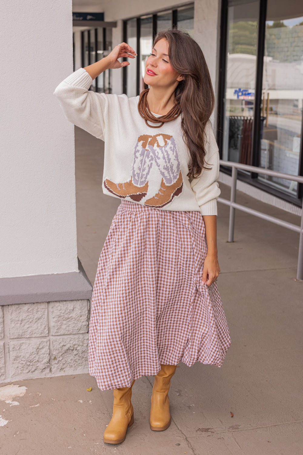 Women's trendy caramel and white gingham textured midi skirt with bubble hem by Easel, perfect for cooler weather