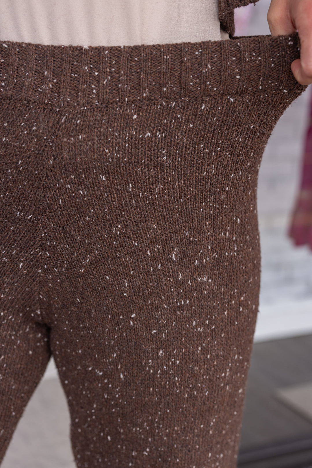 Women's chocolate brown sweater knit pants with ribbed trim by Mustard Seed showing ribbed elastic waistband