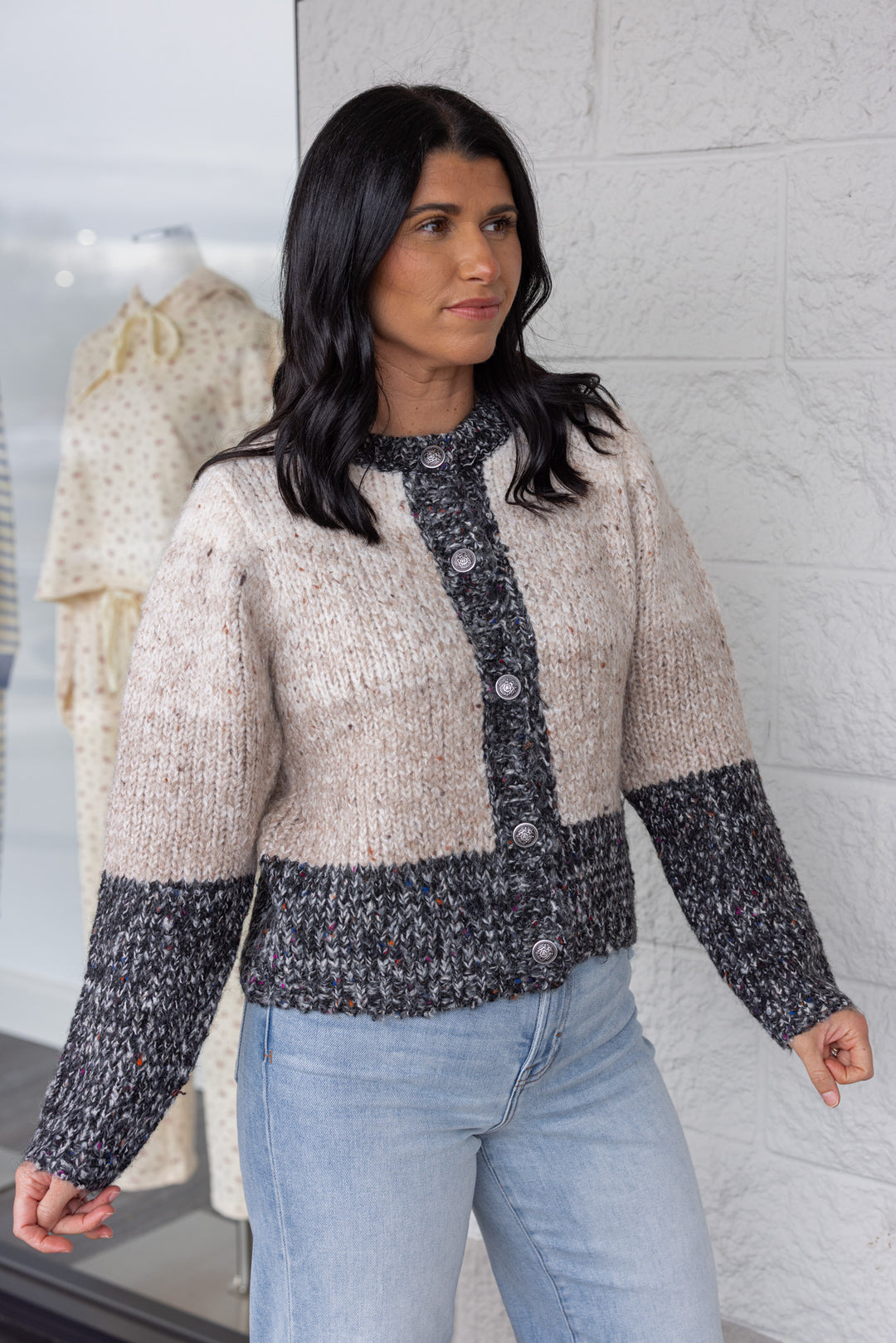 Women's multicolor taupe wide stripe button front sweater with charcoal trim by So Me showing up close slight side view