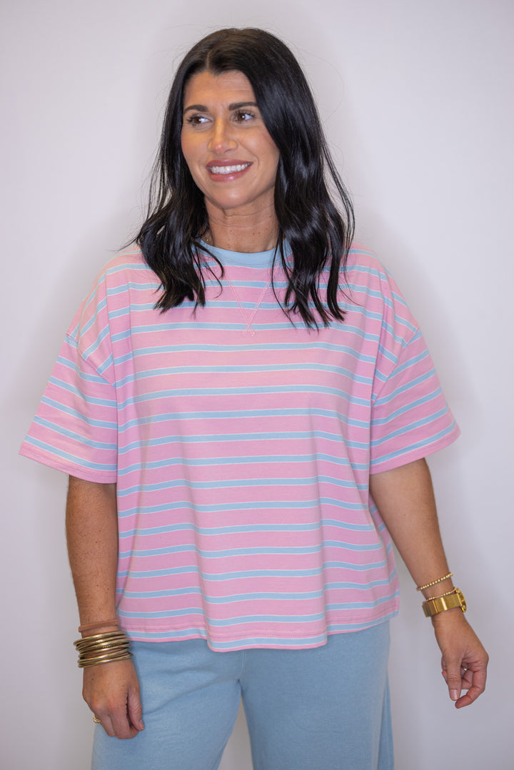 Women's pink and sky blue striped knit top