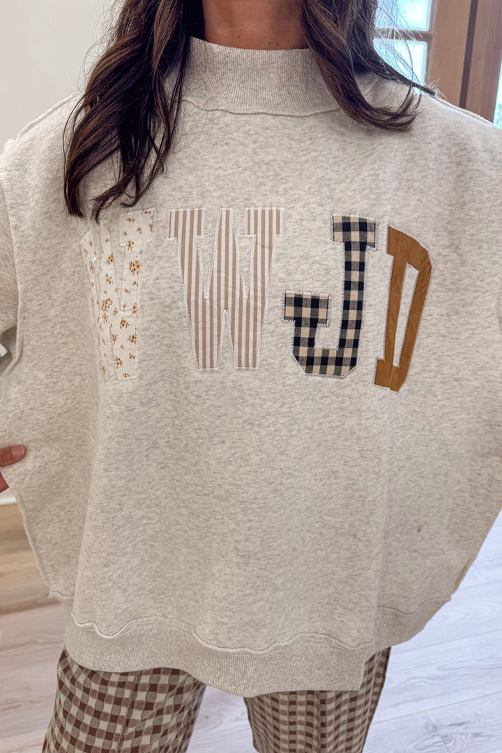 wwjd oversized mock neck pullover with fall patch letters