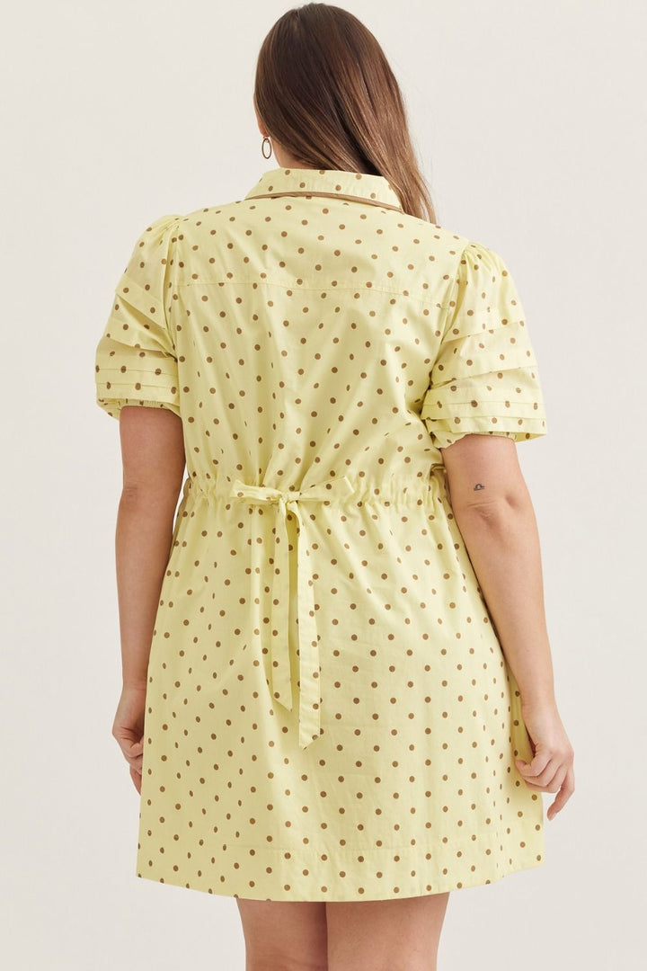 Entro lemon drop yellow plus size dress with brown polka dots, cinch waist and tiered detail at shoulders in back