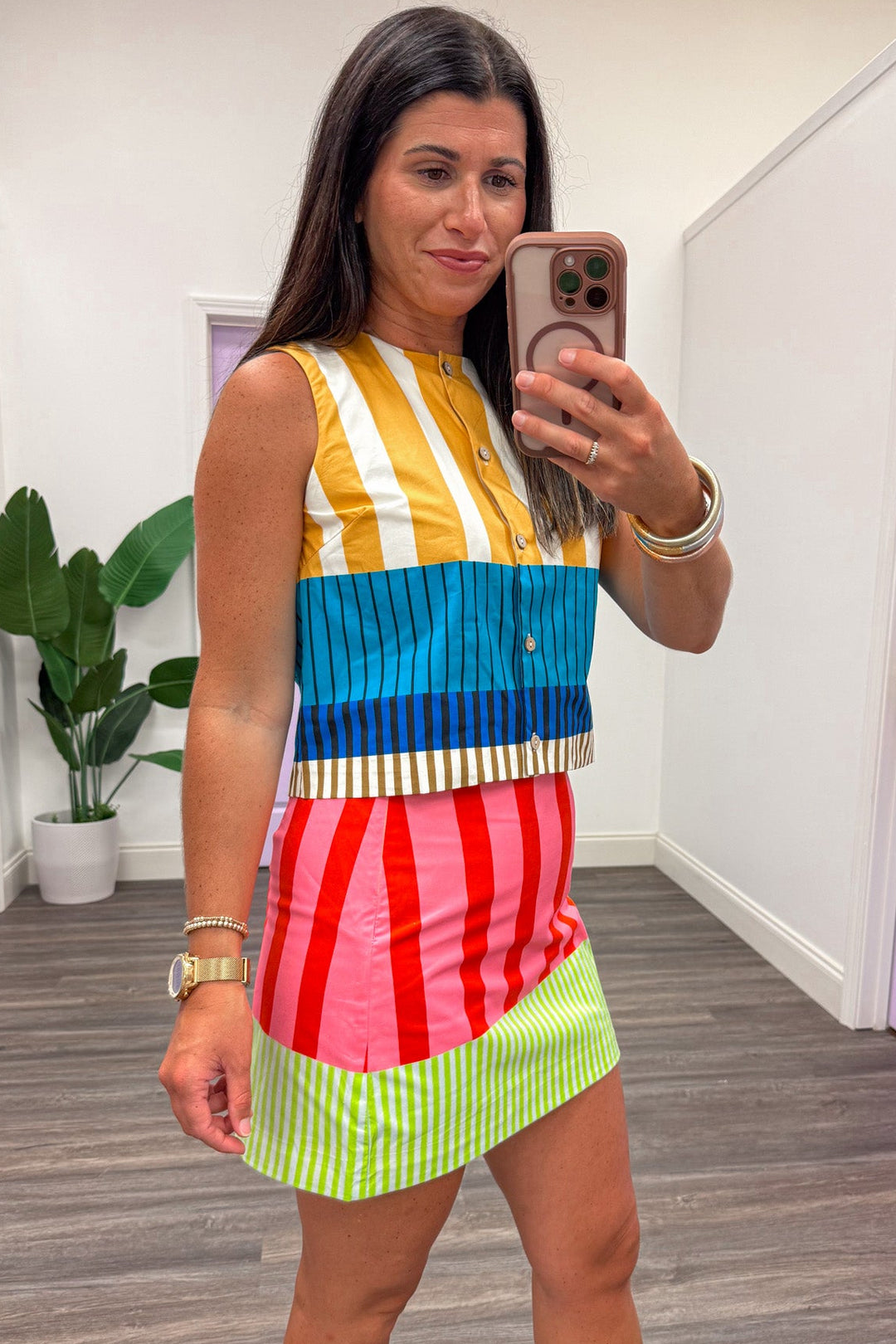 yellow blue teal brown and cream striped button front semi-cropped cotton poplin top
