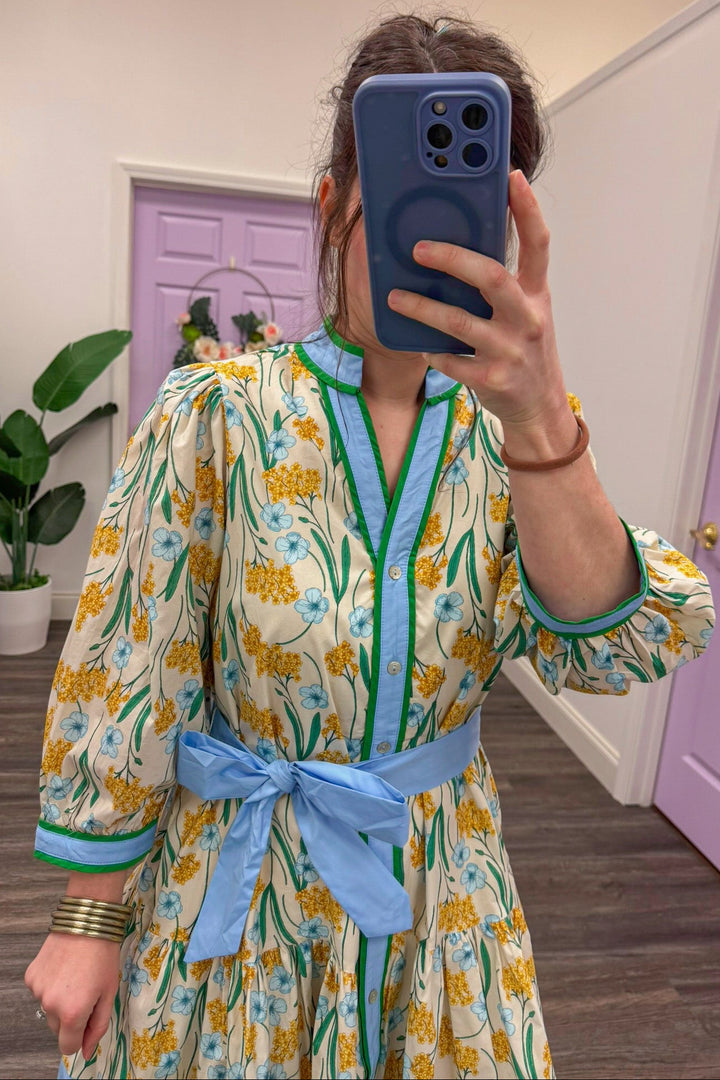 yellow blue floral v neck belted button up dress