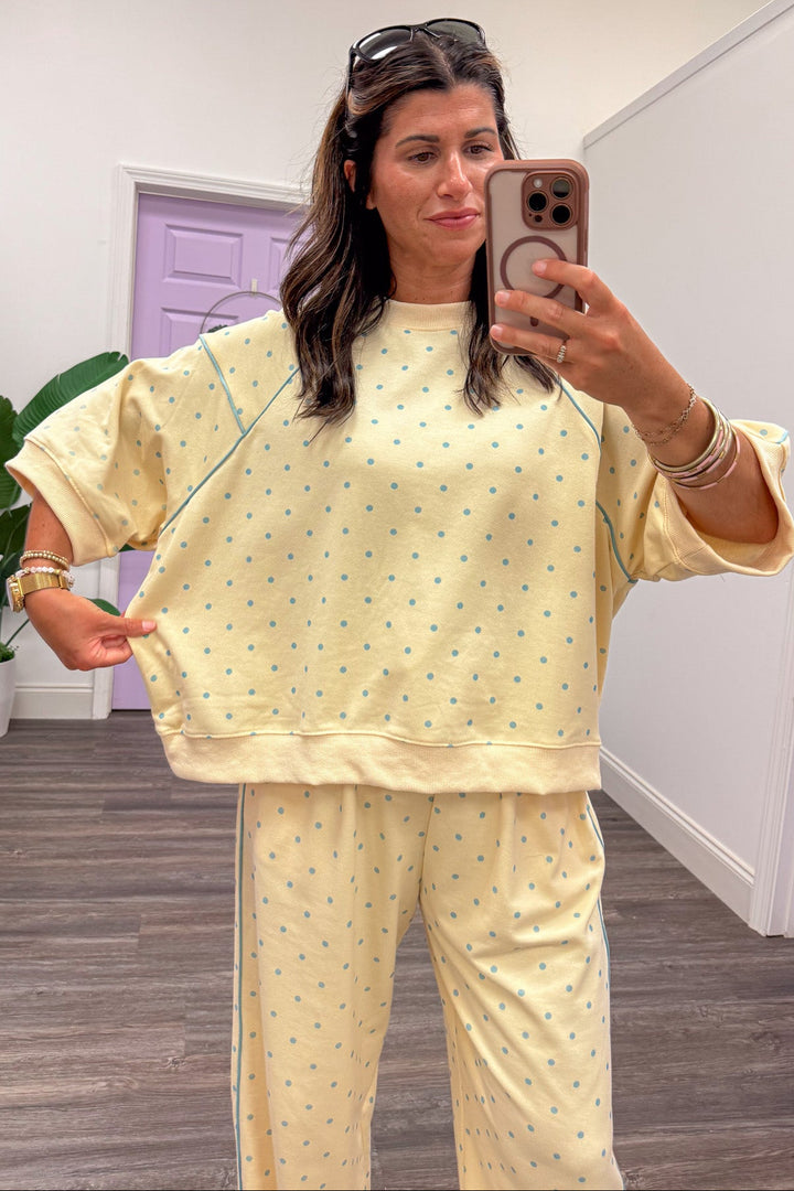 washed butter yellow with light blue polka dots short sleeve relaxed silhouette terry knit top