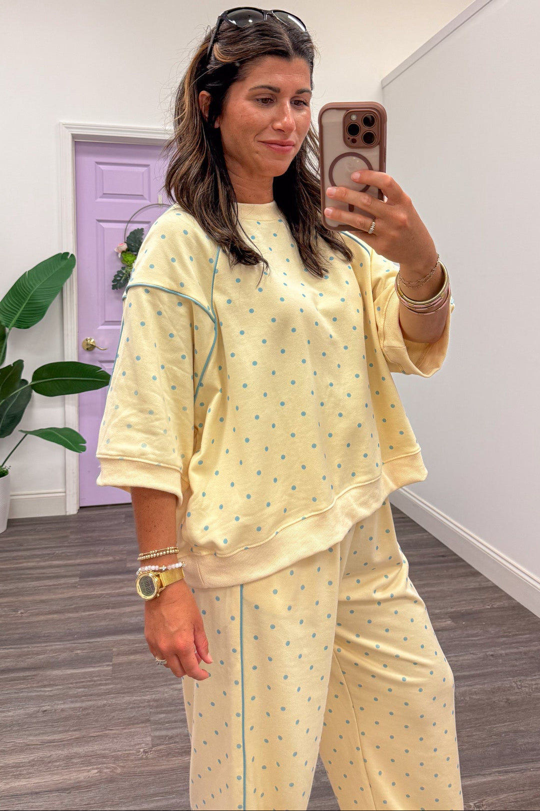 washed butter yellow with light blue polka dots drop shoulder short sleeve terry knit top