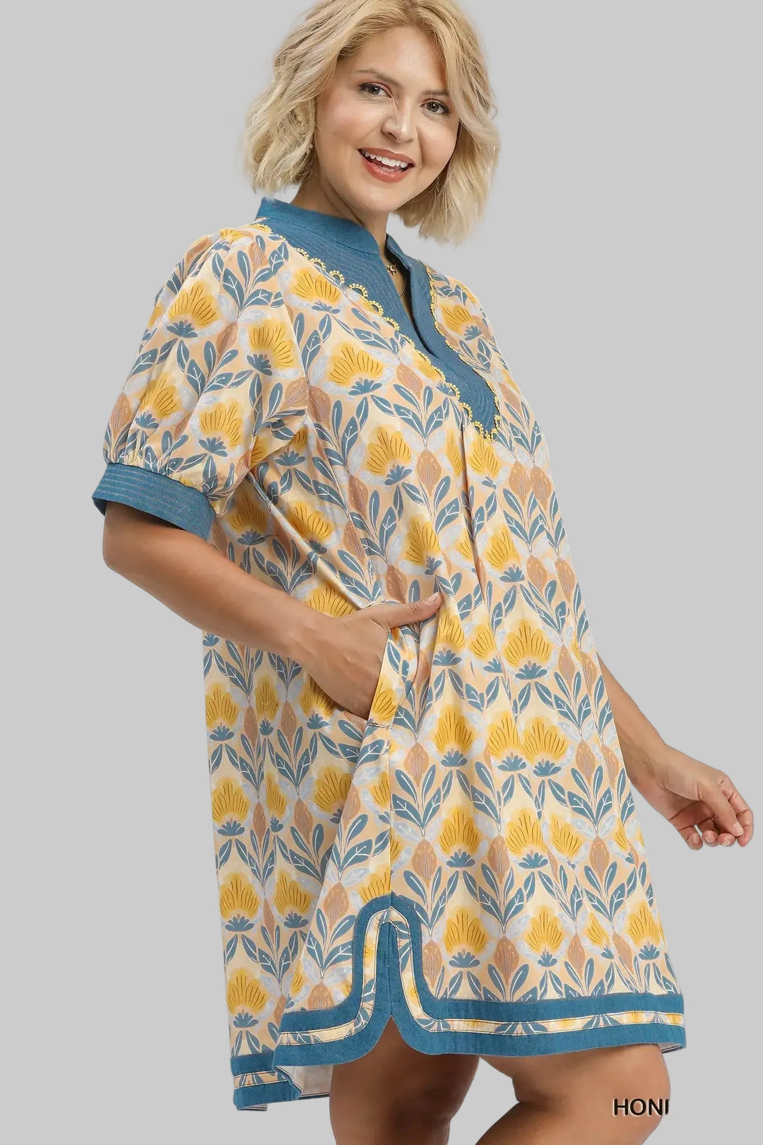 umgee yellow blue floral print plus dress