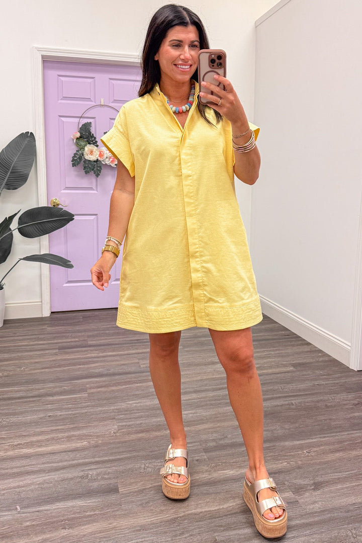 solid yellow button down linen cotton blend short dress