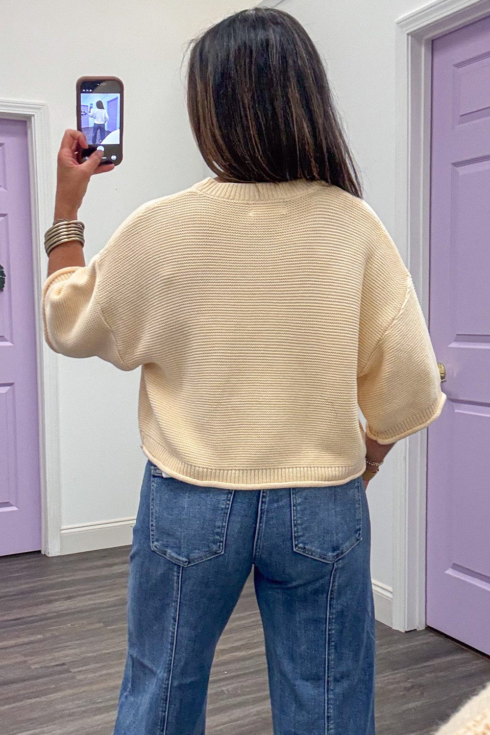 solid butter yellow half sleeve button front textured knit semi-cropped cardigan top
