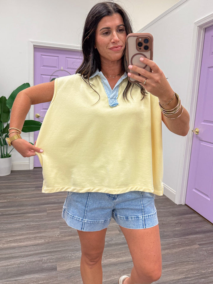 butter yellow with light blue trim details cap sleeve collared relaxed boxy silhouette terry knit top