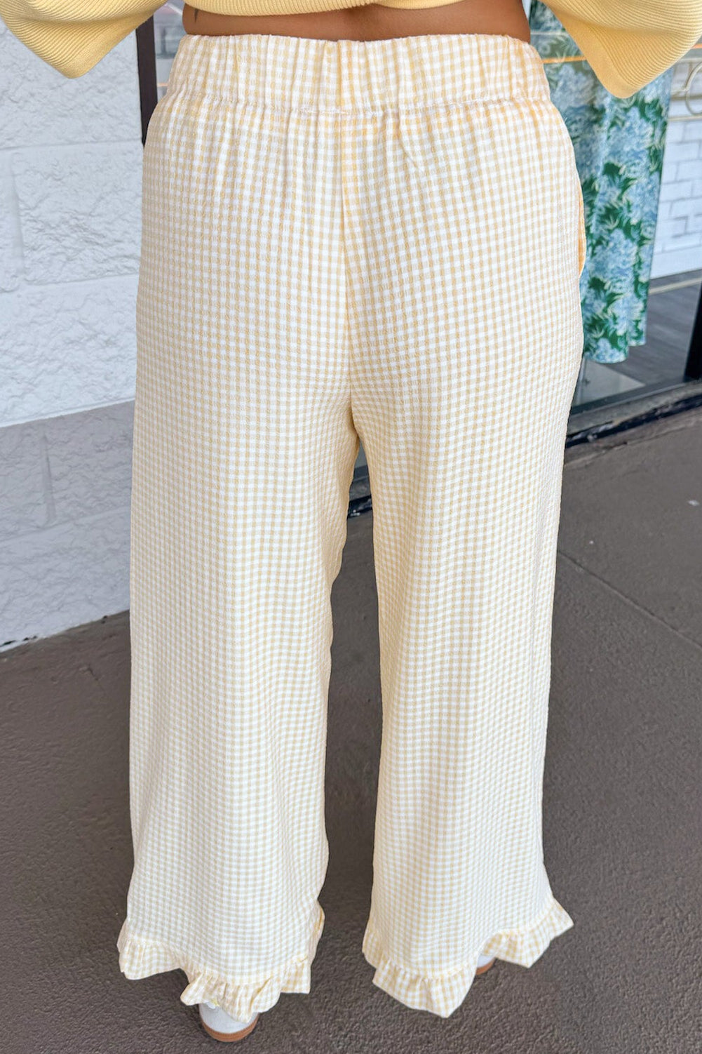 yellow and cream gingham checkered print elastic waist wide leg textured pants