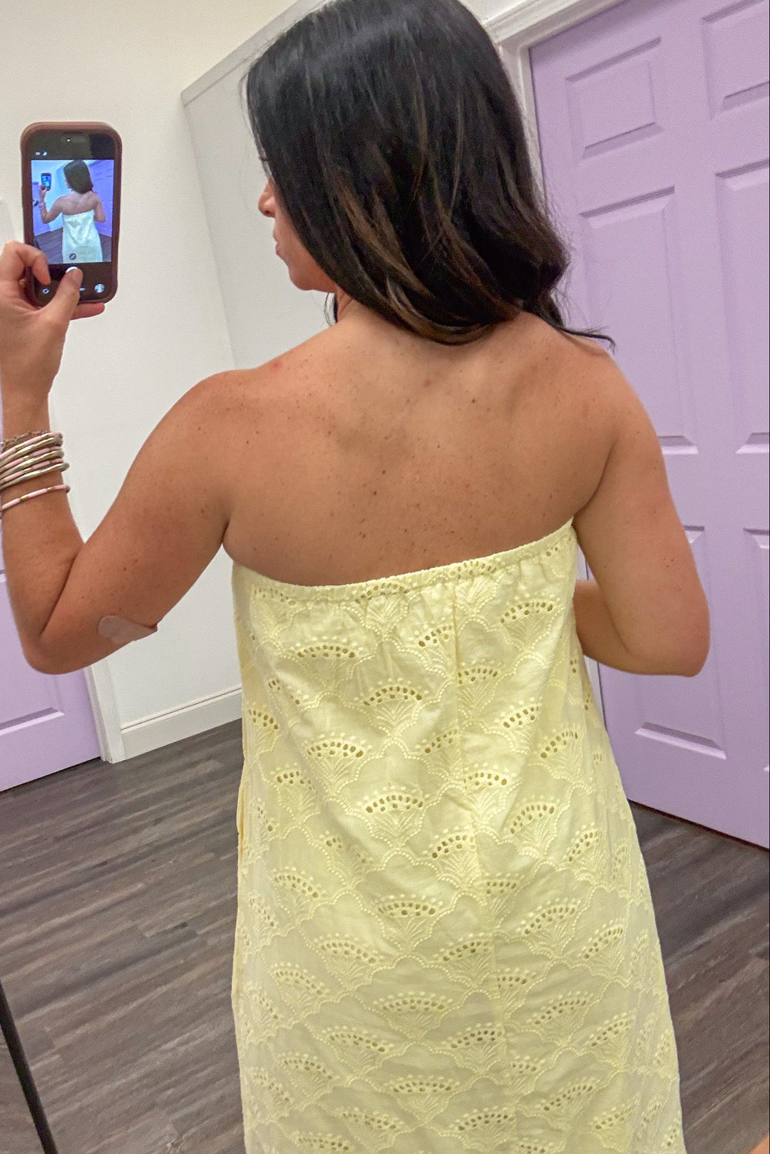 lemon yellow embroidered eyelet elastic trim square neckline strapless midi dress