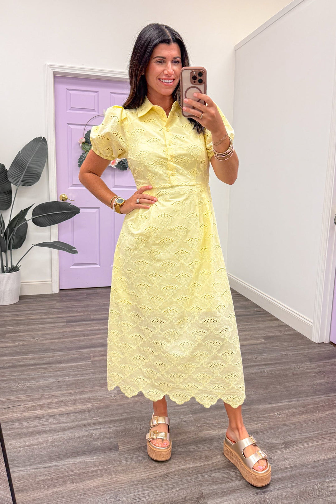 pale yellow eyelet embroidered scalloped hem midi dress