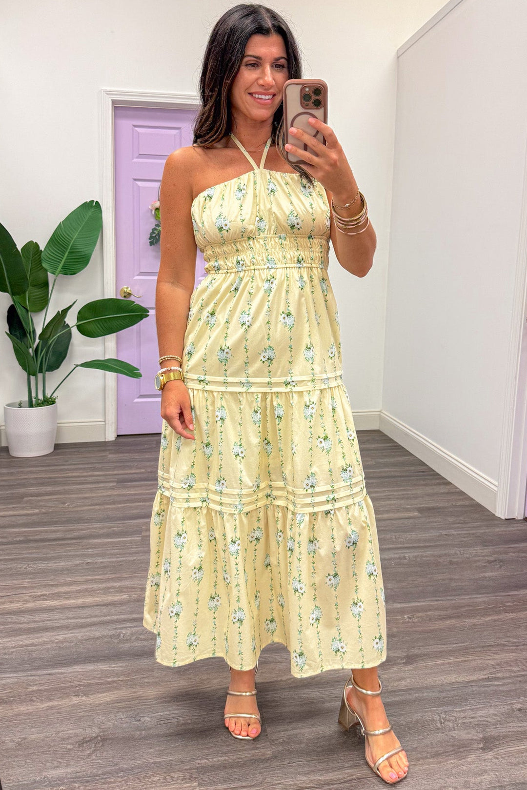 yellow green and pale blue floral print tiered halter midi dress