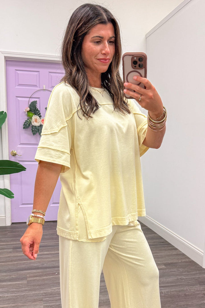 washed butter yellow short sleeve top and pants matching knit loungewear set