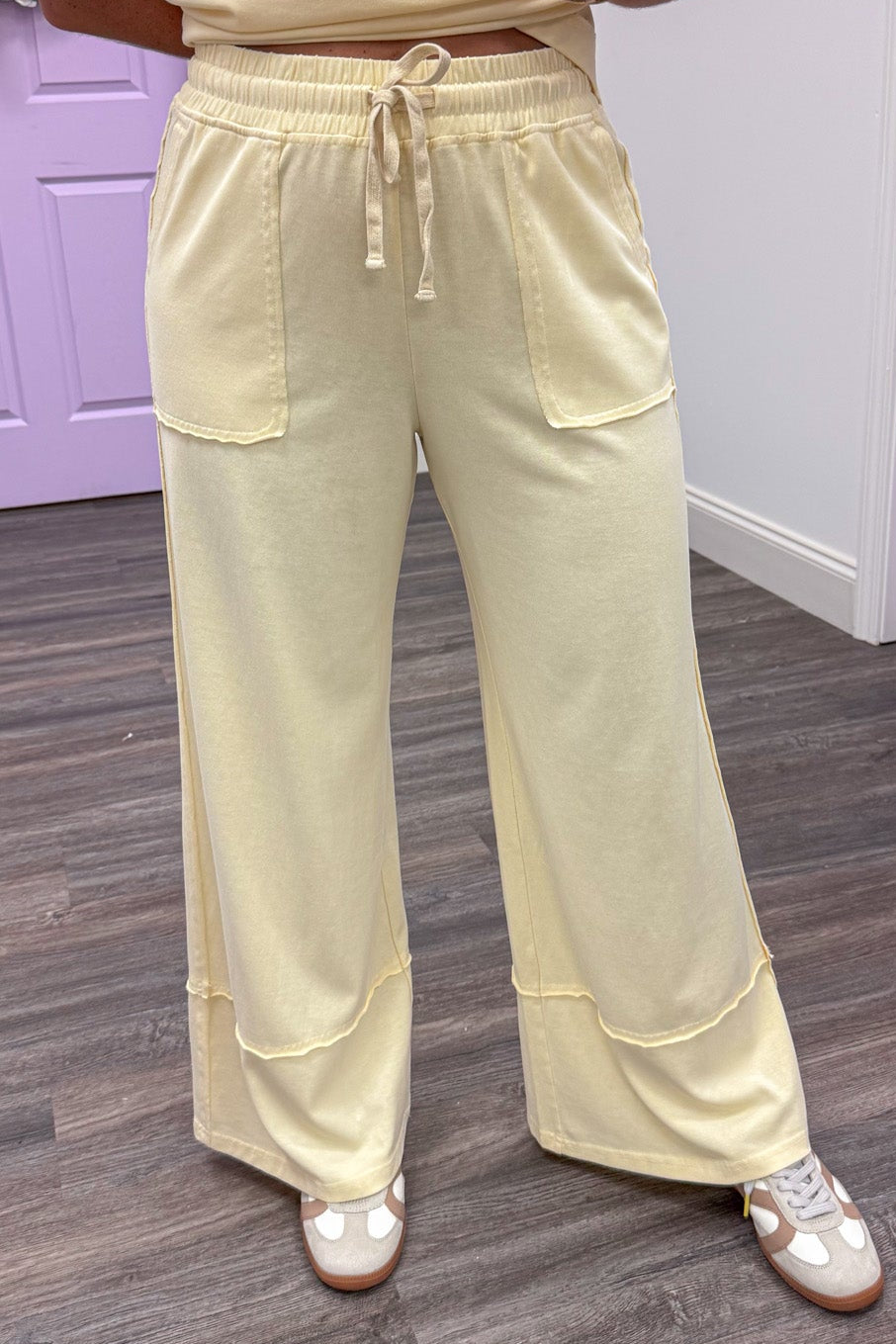 washed butter yellow top and drawstring pants matching knit loungewear set