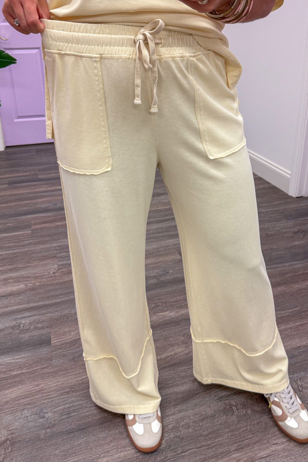 washed butter yellow top and elastic waistband pants matching knit loungewear set