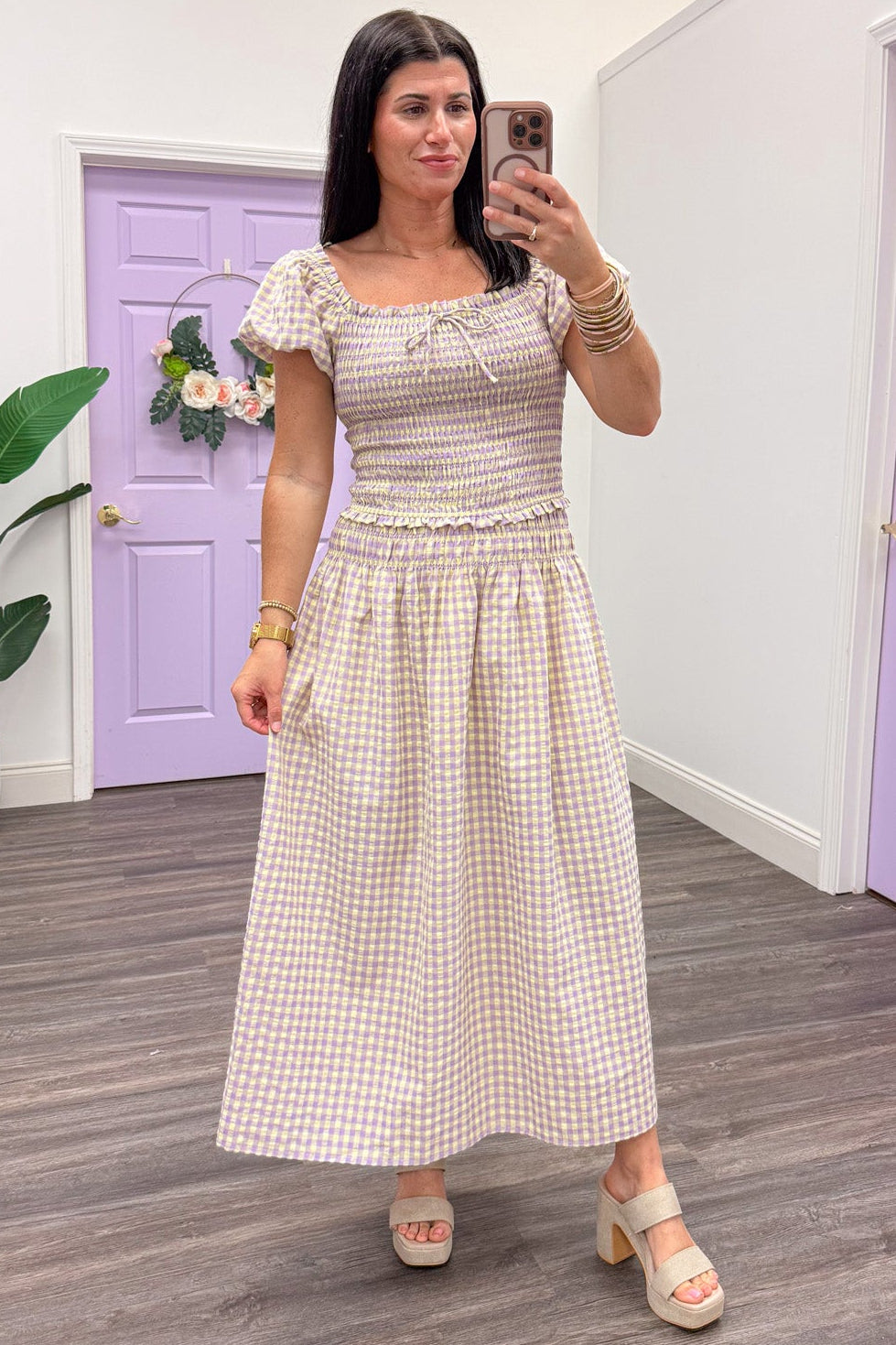 pale yellow and lavender gingham print flowy smocked midi skirt
