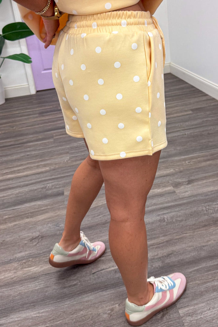 butter yellow with white polka dot print top and wide leg shorts matching knit loungewear set