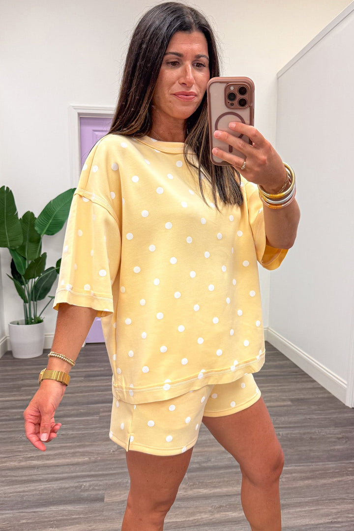 butter yellow with white polka dot print drop shoulder short sleeve top and shorts matching knit loungewear set