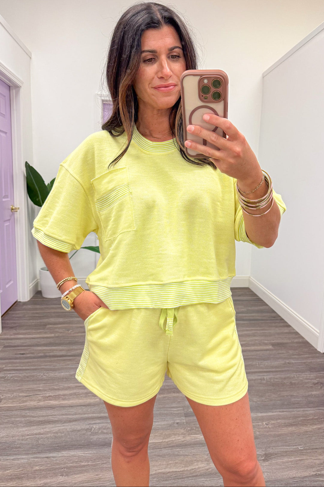 lemon yellow short sleeve semi-cropped terry knit top